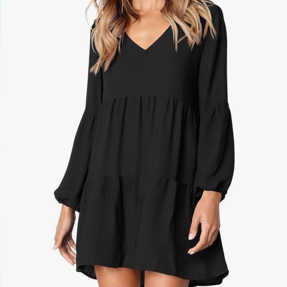 Amoretu Women’s Black Tunic Long Sleeve V Neck Lose Flowy Swing Dress